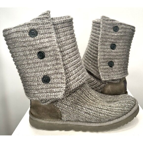 UGG Australia Womens Boots Cardy Wool Cable Knit Tall Foldable Button Gray Sz 7 - Picture 2 of 15